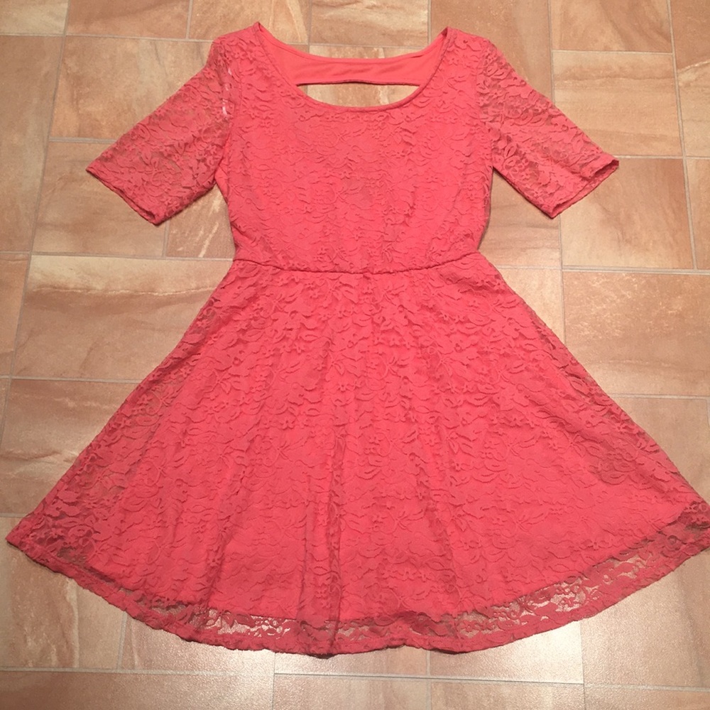 JCPenney Women's Salmon Pink Lace Quarter Sleeve Mini Dress